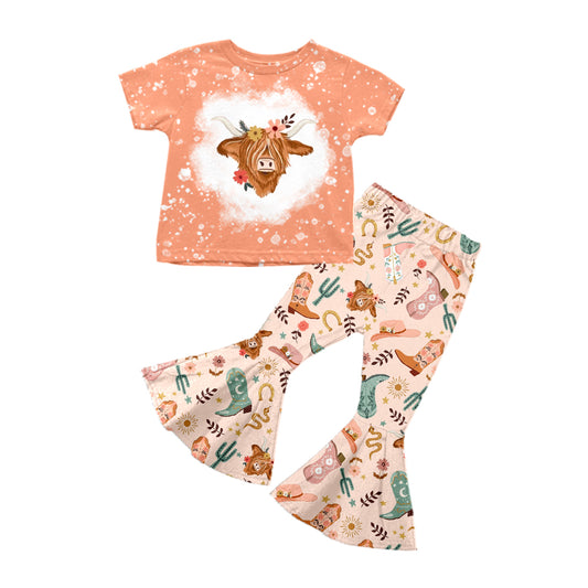 Preorder (moq 5)Baby Girls Peach Short Sleeves Highland Cows Cactus Top Bell Bottom Pant Set