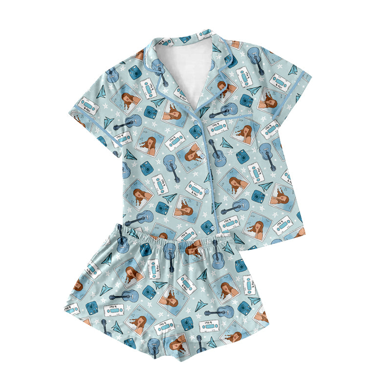 Preorder(moq 5)Adult Women Blue Singer Buttons Tee Shirts Shorts Pajamas Sets