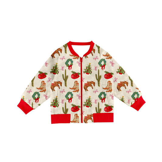 Preorder(moq 8)Baby Girls Holly Trees Horse Hats Christmas Pockets Zip Jackets Top