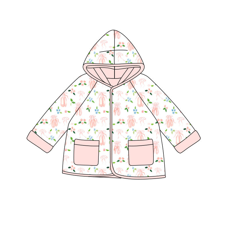 Preorder(moq 5) Baby Girls Pink Bows Shoes Flowers Pockets Zipper Hoodies Jacket Top