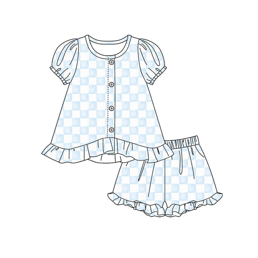 Preorder moq 5 Baby Girls Aqua Checked Button Tunic Ruffle Shorts Clothes Set