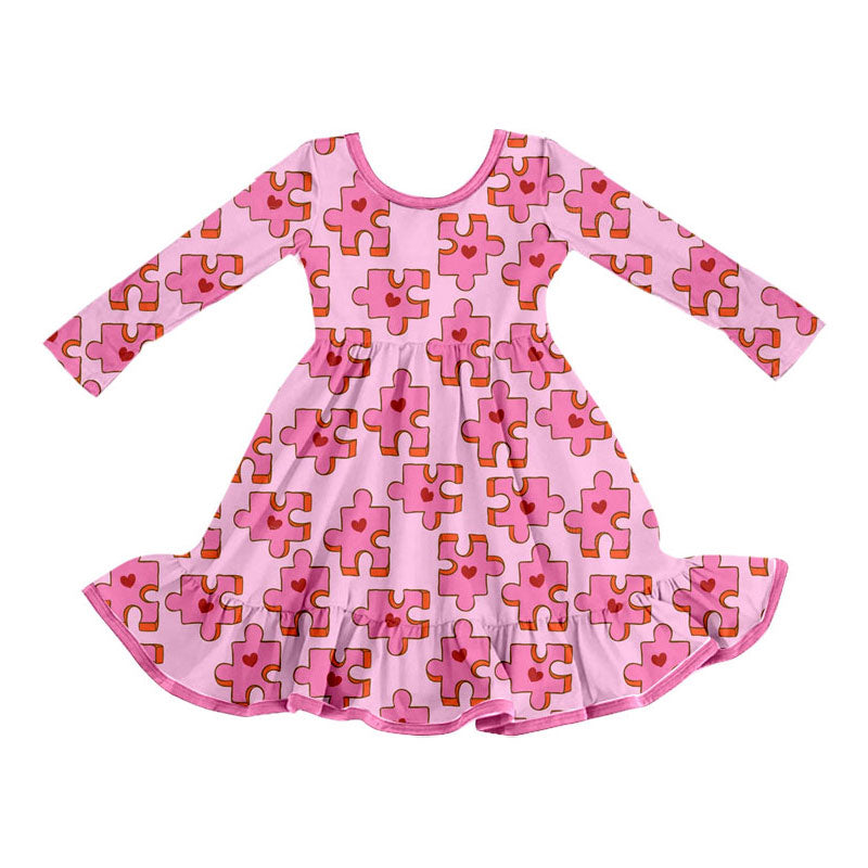 Preorder (moq 5) Baby Girl Pink Puzzle Heart Print Long Sleeve Ruffle Twirl Dress
