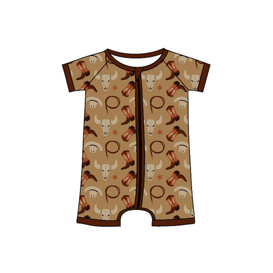 Preorder(moq 5)Baby Infant Boys Brown Bull Skull Boots Zip Summer Rompers
