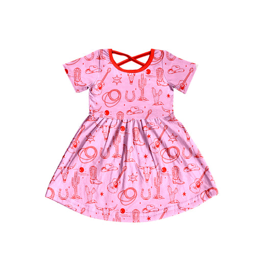 Preorder (moq 5)Baby Kids Short Sleeve Bull Skulls Cactus Western Knee Length Dresses