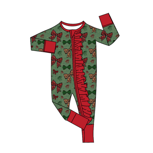 Preorder (moq 20)Baby Girls Bamboo Christmas Green Red Bows Ruffle Zippy Footie Rompers