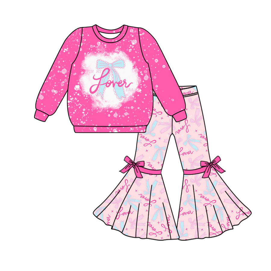 Preorder (moq 5)Baby Girls Pink Long Sleeve Love Bows Top Bell Bottom Pants Valentine Clothes Sets