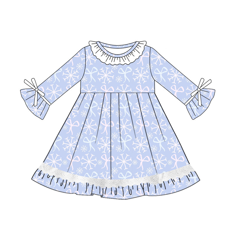 Preorder (moq 5)Baby Girls Long Sleeves Blue Bows Snowflake Lace Ruffle Knee Length Dresses