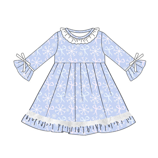 Preorder (moq 5)Baby Girls Long Sleeves Blue Bows Snowflake Lace Ruffle Knee Length Dresses