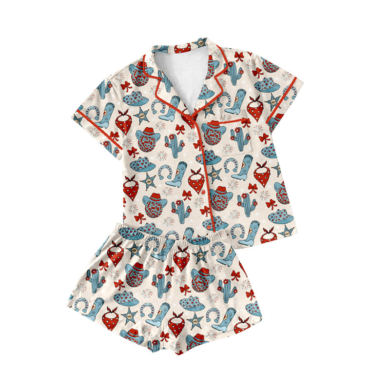 Preorder(moq 5)Adult Women Western Disco Buttons Tee Shirts Shorts Pajamas Sets