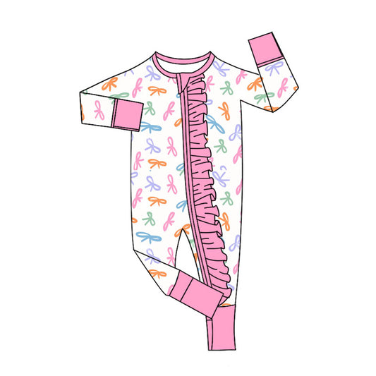 Preorder (moq 20)Baby Girls Bamboo Colorful Bows Ruffle Zippy Footie Rompers