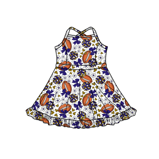 Preorder (moq 5)Baby Girls Strap Hot Blue Bow Footballs Team Shorts Ruffle Knee Length Dress