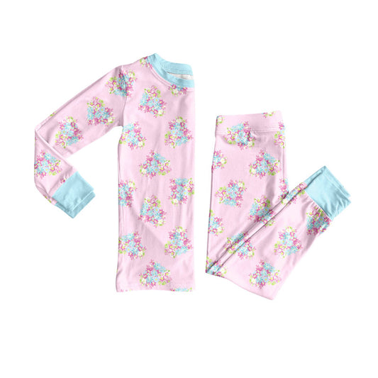 Preorder (moq 20)Baby Girls Bamboo Pink Heart Flowers Valentine Pajamas Sets