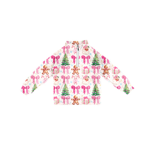 Preorder (moq 5)Baby Girls Long Sleeves Pink Bows Santa Trees Pocket Zipper Pullovers Top