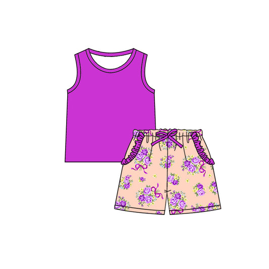 Preorder (moq 5)Baby Girls Purple Sleeveless Shirt Bows Floral Ruffle Pockets Shorts Clothes Sets