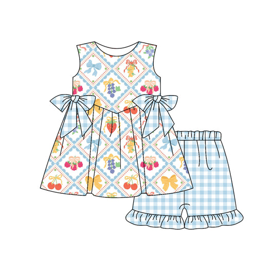 Preorder (moq 5)Baby Girls Blue Sleeveless Bows Strawberry Plaid Tunic Ruffle Shorts Set