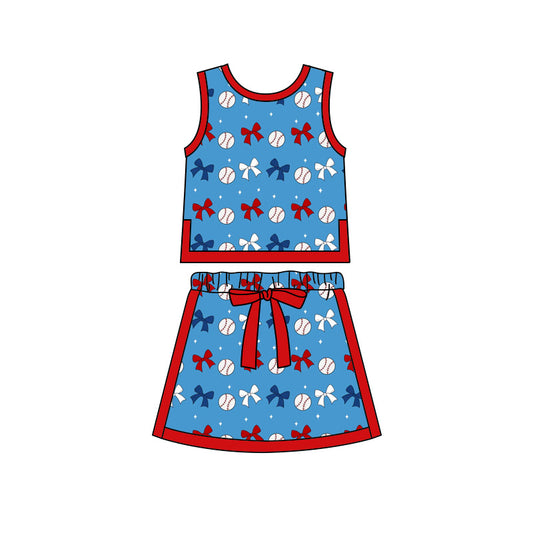 Preorder moq 5 Baby Girls Bows Baseballs Plaid Vests Skirt Shorts Team Clothes Set
