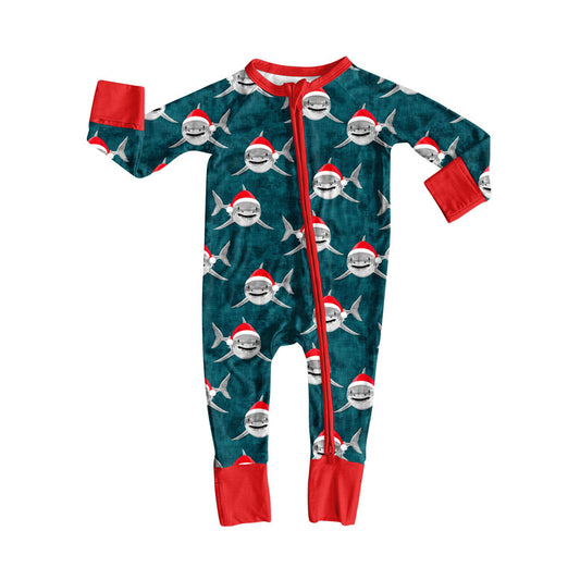 Preorder (moq 8)Baby Boys Hats Sharks Christmas Zipper Footie Rompers