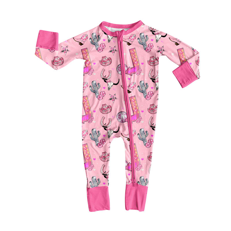 Preorder (moq 5)Baby Girls Pink Hats Bull Skulls Western Zipper Footie Rompers