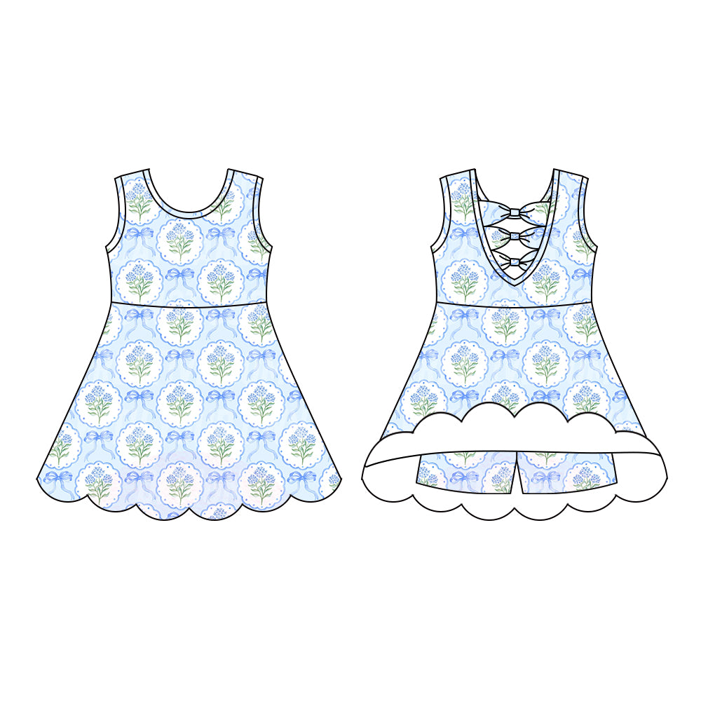 Preorder (moq 5)Baby Girls Sleeveless Blue Bows Flowers Plaid Short Knee Length Dress
