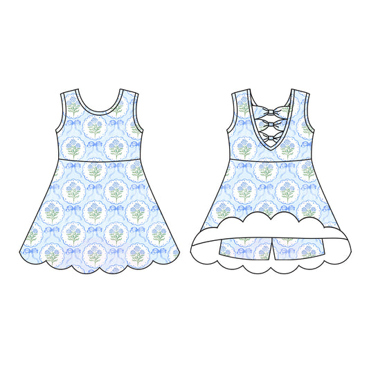 Preorder (moq 5)Baby Girls Sleeveless Blue Bows Flowers Plaid Short Knee Length Dress