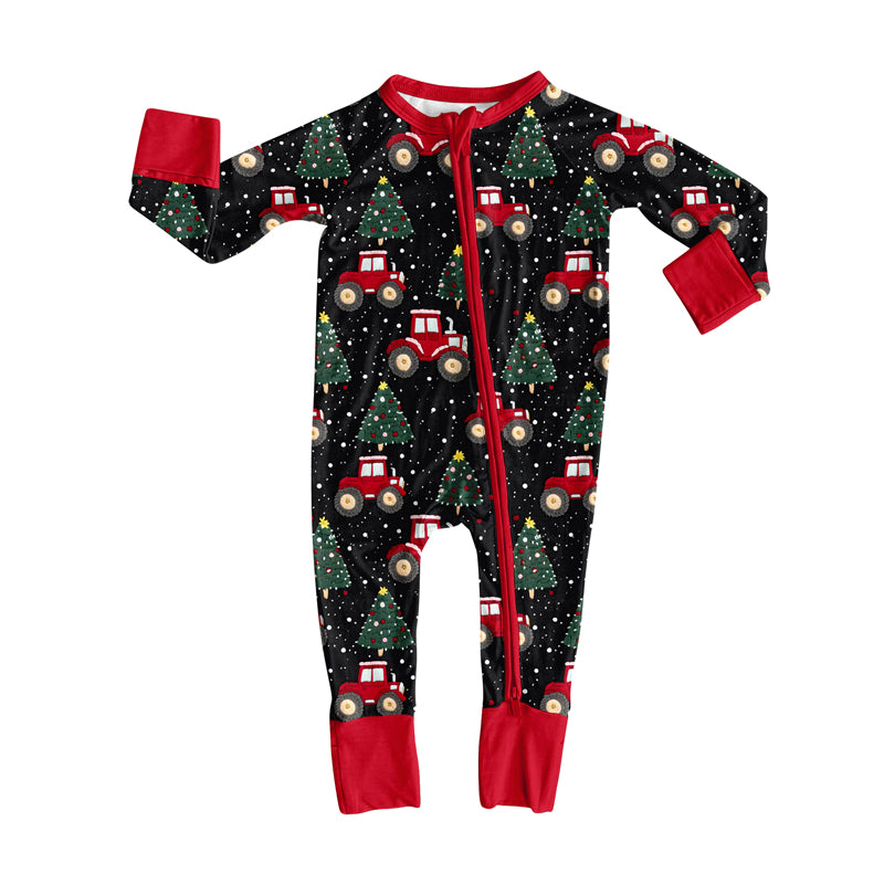 Preorder(moq 5)Baby Infant Christmas Tree Trucks Zipper Footie Rompers