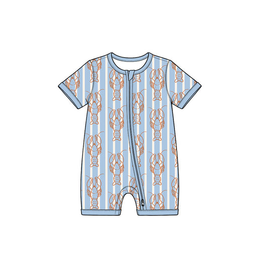 Preorder (moq 5) Baby Boy Clothes Blue Stripe Lobster Print Short Sleeve Zipper Romper