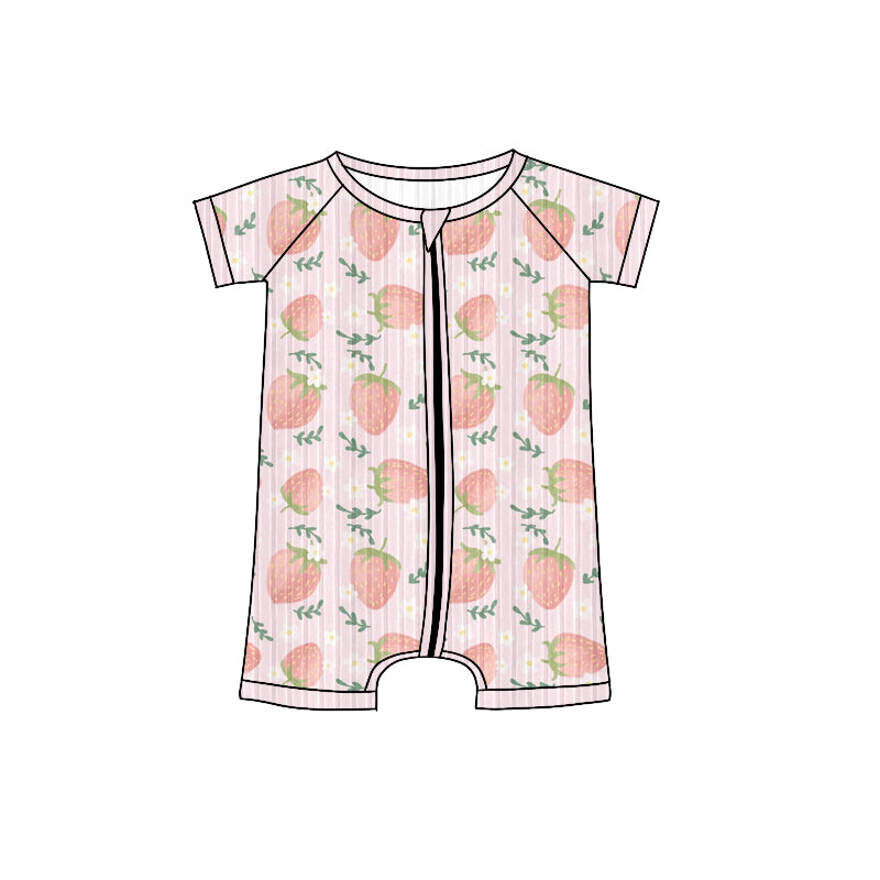 Preorder (moq 5)Baby Girls Short Sleeves Pink Strawberry Plaid Zipper Shorts Rompers
