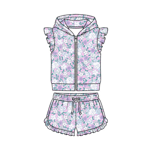 Preorder (moq 5)Baby Girls Colorful Floral Hoodie Zip Jacket Ruffle Short Clothes Sets