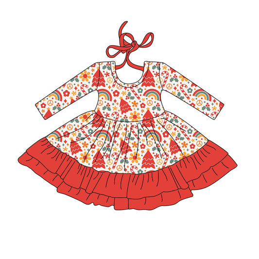Preorder (moq 5)Baby Girls Long Sleeves Flowers Candy Cane Plaid Ruffle Knee Length Dress