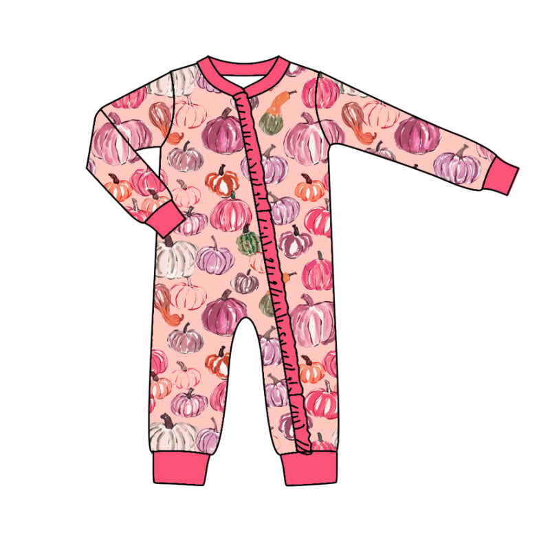 Preorder (moq 5)Baby Girls Colorful Pumpkins Fall Two Way Ruffle Zip Convertible Rompers
