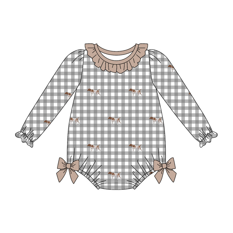 Preorder (moq 5)Baby Girls Long Sleeve Dogs Hunting Checked Ruffle Rompers