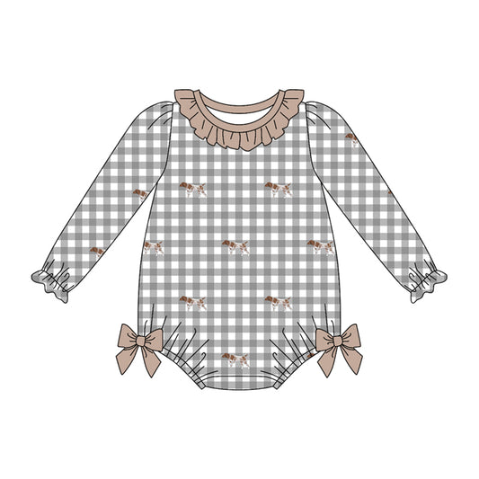 Preorder (moq 5)Baby Girls Long Sleeve Dogs Hunting Checked Ruffle Rompers
