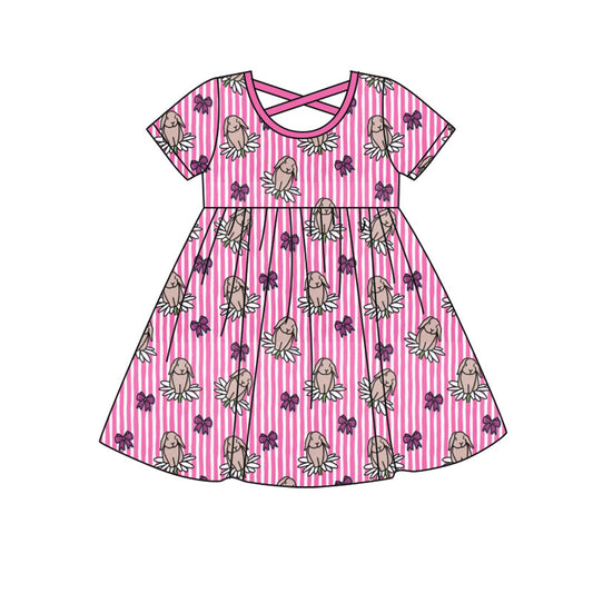 Preorder(moq 8)Baby Girls Pink Stripe Rabbits Flowers Easter Knee Length Dresses