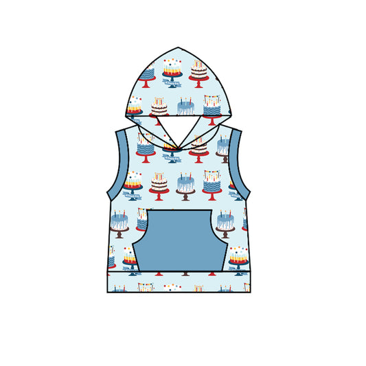 Preorder (moq 5)Baby Boys Blue Sleeveless Pocket Birthday Cakes Hoodies Top Preorder