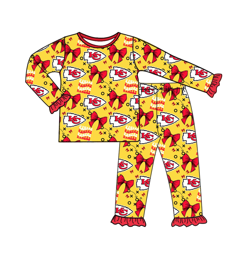 Cutom moq 5 Football Team KC Red Bows Yellow Long Sleeve Pants Girls Pajamas
