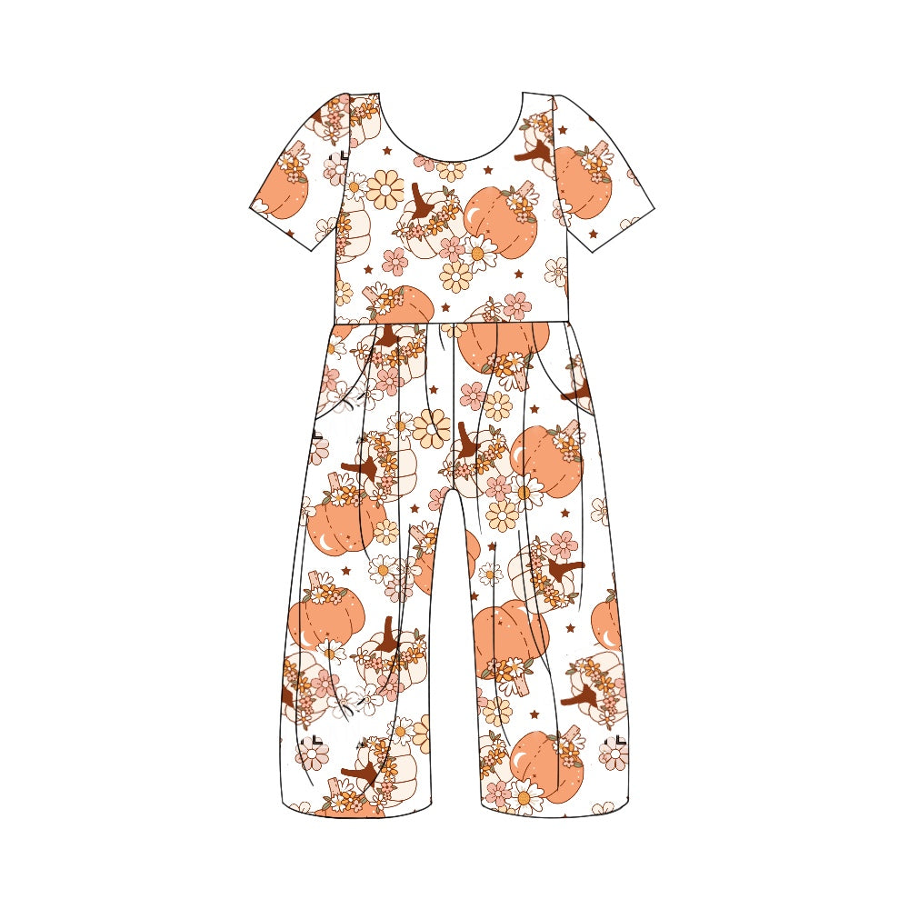 Baby Girls Pumpkin Flowers Short Sleeve Pants Jumpsuits Preorder(moq 5)