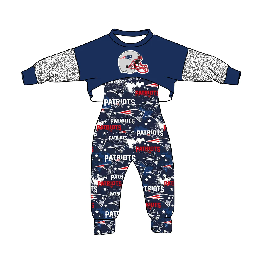 Preorder moq 5 Baby Girls Patriots Hats Top Jumpsuits 2 Pieces Team Clothes Sets