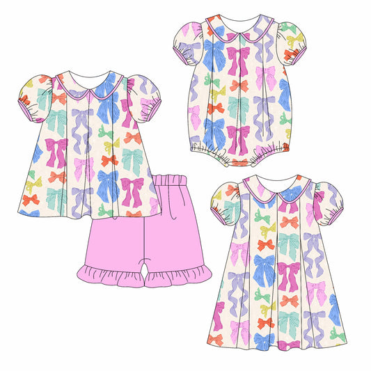 Preorder moq 5 Custom Baby Girls Colorful Bows Tunic Pink Ruffle Short Set Knee Length Dress Romper
