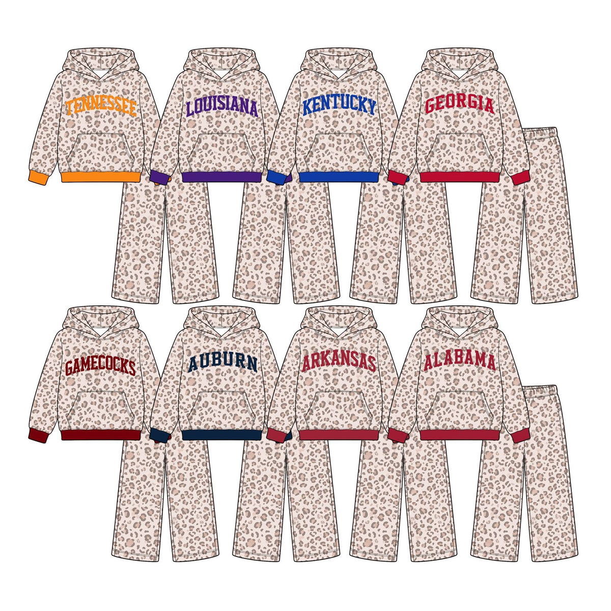 Preorder (moq 5) Baby Girl Clothes Gamecocks Letter Leopard Print Long Sleeve Hoodie Wide Leg Pant Set