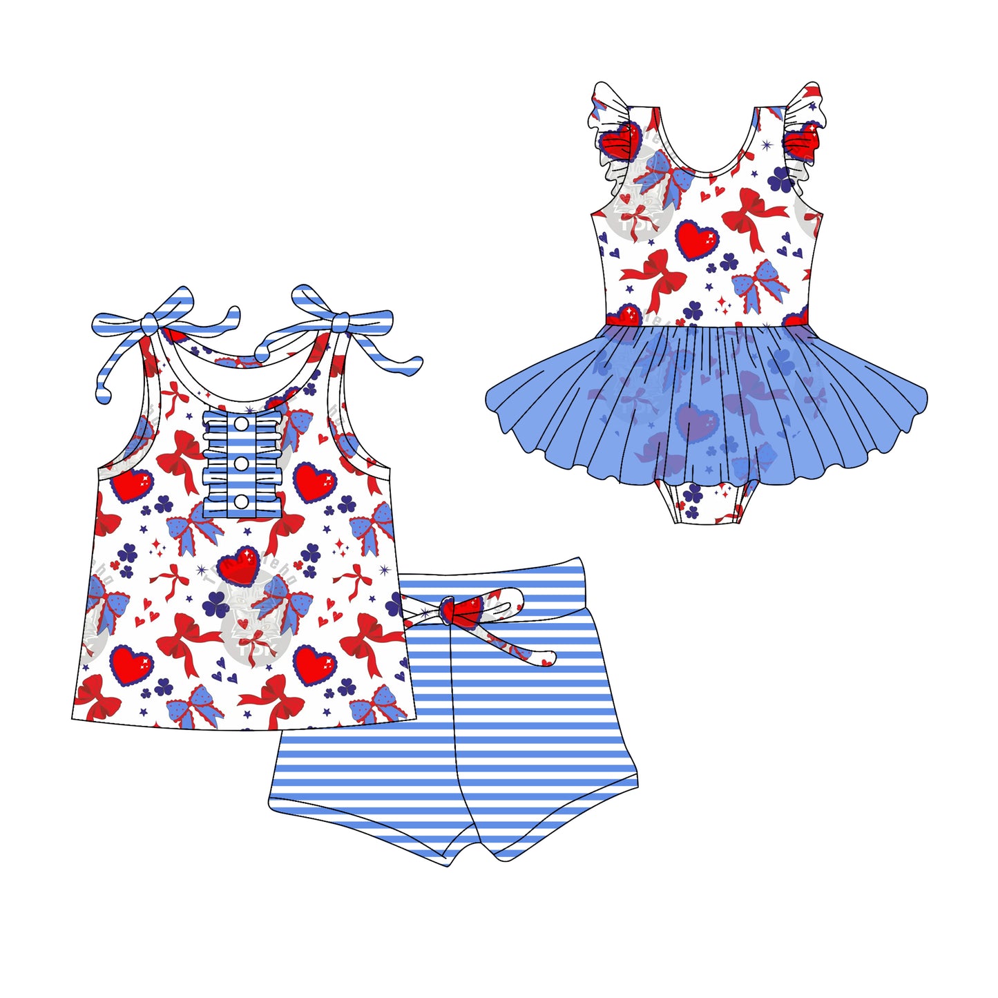 Preorder moq 5 Custom Baby Girls Blue Strap Red Bows Stars Hearts Button Top Stripe Short 4th Of July Set Skort Bummise Romper