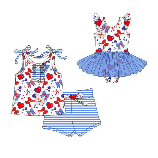 Preorder moq 5 Custom Baby Girls Blue Strap Red Bows Stars Hearts Button Top Stripe Short 4th Of July Set Skort Bummise Romper