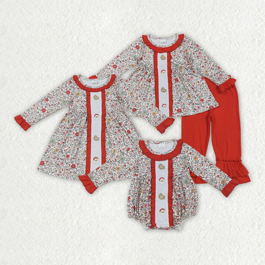 Sibling Embroidery Santa Cookie Baby Girls Floral Christmas Clothes Sets Rompers Knee Length Dresses
