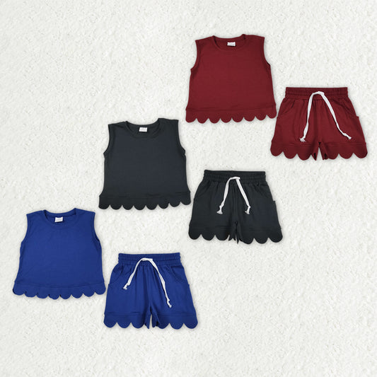 Sibling Baby Girls Sleeveless Vests Top Pockets Short Scallop Clothes Sets