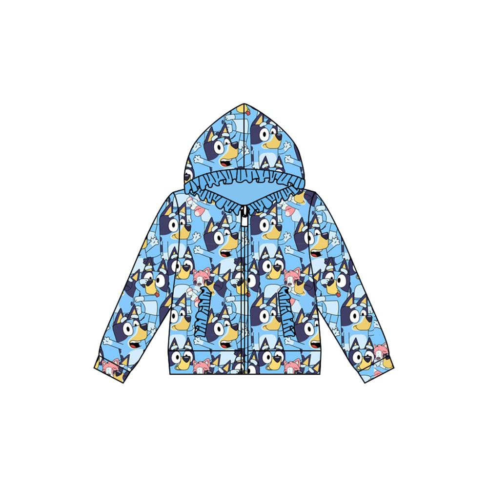 Preorder (moq 5)Baby Girls Cartoon Blue Dogs Hooded Zip Ruffles Tops Jackets