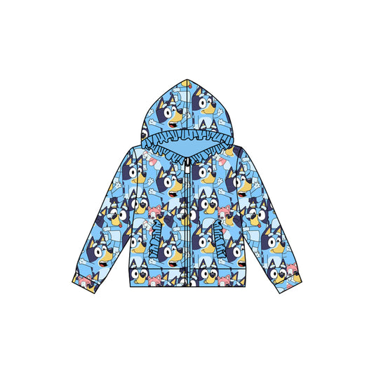 Preorder (moq 5)Baby Girls Cartoon Blue Dogs Hooded Zip Ruffles Tops Jackets