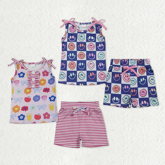 Sibling Baby Girls Sleeveless Flowers Smiles Checked Bows Top Shorts Clothes Sets