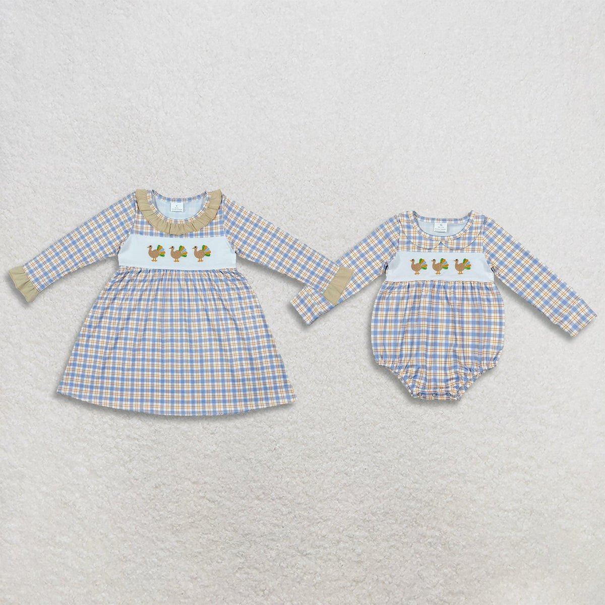 Sibling Baby Girls Embroidery Turkey Blue Checked Thanksgivings Knee Length Dress Rompers