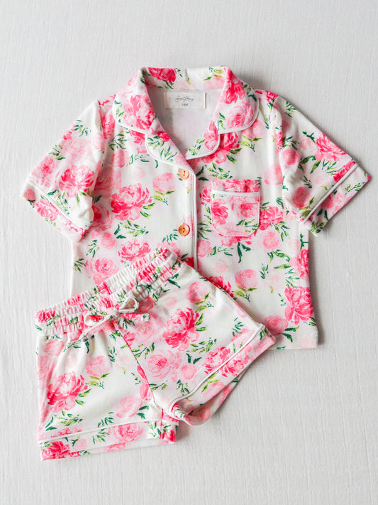 Baby Girls Pink Flowers Buttons Top Shirt Shorts Pajamas Clothes Sets preorder (moq 5)