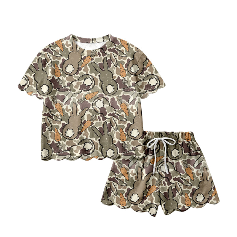 Preorder (moq 5)Baby Girls Colorful Rabbits Camo Carrots Top Scallop Shorts Easter Clothes Sets
