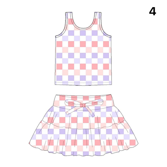 Preorder (moq 5)Baby Girls Colorful Checked Vests Top Skirt Shorts Clothes Sets